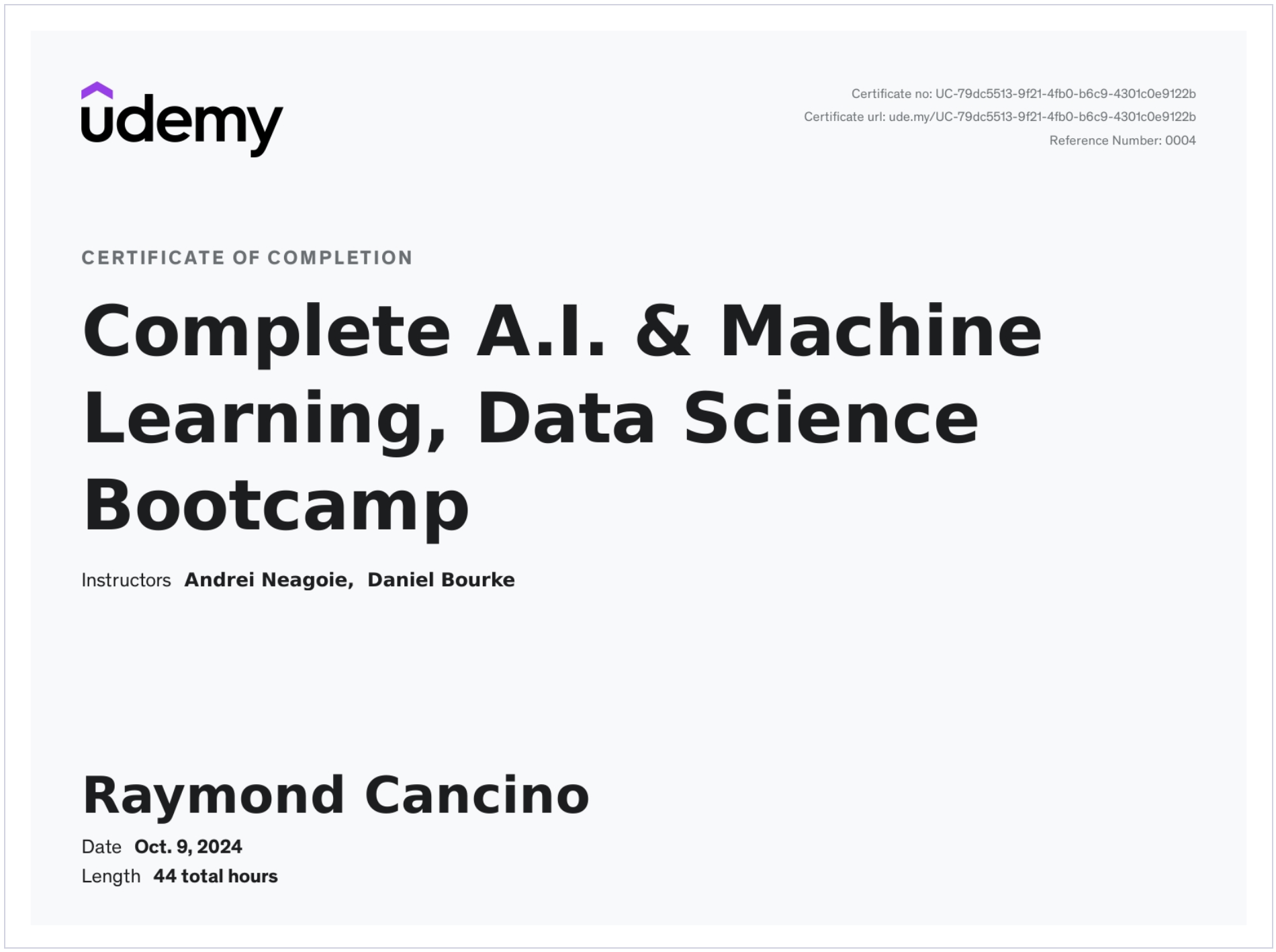 Complete A.I. & Machine Learning, Data Science Bootcamp